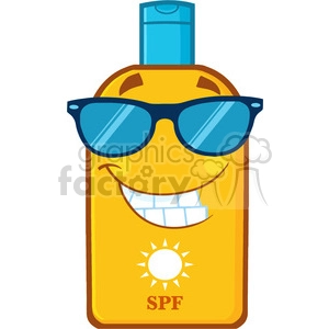 smiling bottle sunscreen cartoon mascot character with sunglasses sun and text spf vector illustration isolated on white background