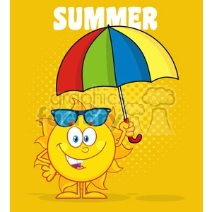 10128 cute sun cartoon mascot character holding a umbrella vector illustration with yellow halftone background and text summer