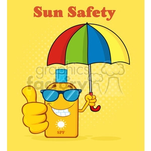 smiling bottle sunscreen cartoon mascot character with sunglasses and umbrela giving a thumbs up vector illustration halftone background and text sun safety