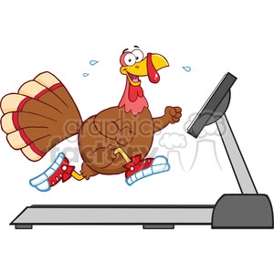 smiling turkey cartoon character running on a treadmill vector illustration isolated on white