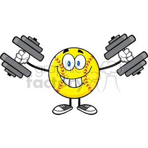smiling softball cartoon mascot character working out with dumbbells vector illustration isolated on white background