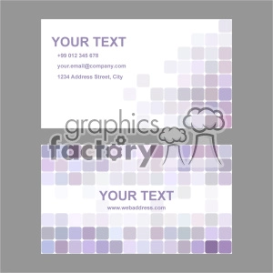 This clipart image features a set of business cards with customizable text placeholders. The design includes a stylish pattern of shaded squares in varying shades of purple and light gray. The business cards have spaces for a name, contact information, and a website address.