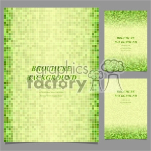 This clipart image features a set of brochure background templates with a green pixelated design. The templates include three variations, each with a gradient effect of green squares on a light yellow background. The text 'BROCHURE BACKGROUND' is prominently displayed in the center on each template.