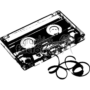 The clipart image shows a black and white silhouette of a vintage cassette tape, commonly used for recording and playing music in the 1990s. The graphic includes an outline of the tape's two spools, the tape itself, and the rectangular case that holds the tape. This image could be used to represent nostalgia for old-fashioned music technology, or as a symbol of personal music preferences or memories.
