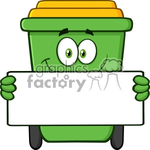 Smiling Green Recycle Bin Cartoon Mascot Character Holding A Blank Sign Vector
