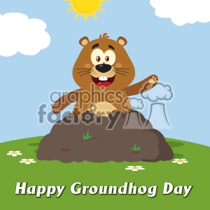 10645 Royalty Free RF Clipart Happy Marmmot Cartoon Mascot Character Waving In Groundhog Day Vector Flat Design With Background And Text Happy Groundhog Day