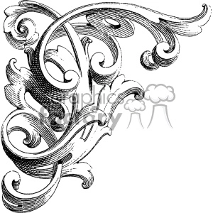 A black and white clipart image of an ornate, intricately designed floral corner frame element. The design features swirls, curlicues, and leaf-like patterns traditionally found in vintage and Victorian art styles.