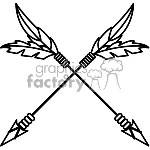 A black and white clipart image of two crossed arrows with feather fletching and pointed tips, simple and minimalist design.