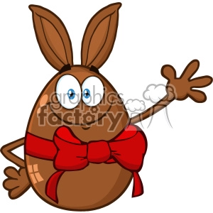 10983 Royalty Free RF Clipart Smiling Chocolate Egg Cartoon Mascot Character With A Rabbit Ears And Red Ribbon Waving For Greeting Vector