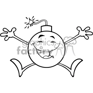 A cheerful cartoon bomb character with a lit fuse, depicted in a jumping pose with a wide smile and expressive eyes.