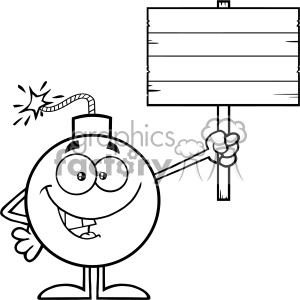A cartoonish bomb character with a happy face, holding a blank wooden sign with one hand. The bomb has a lit fuse and an excited expression.