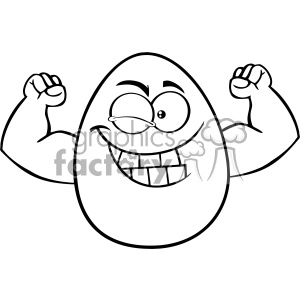 10972 Royalty Free RF Clipart Black And White Strong Egg Cartoon Mascot Character Winking And Showing Muscle Arms Vector Illustration