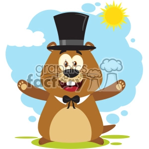 10633 Royalty Free RF Clipart Happy Marmot Cartoon Mascot Character Wearing A Hat And Welcoming Under Sunshine Vector Flat Design With Background Isolated On White