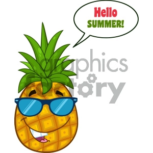 Smiling Pineapple Fruit With Green Leafs And Sunglasses Cartoon Mascot Character Design With Speech Bubble And Text Hello Summer