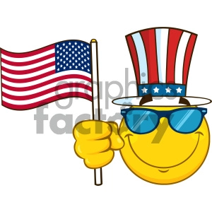 Smiling Yellow Cartoon Emoji Face Character With Sunglasses Wearing A Top Hat And Waving An American Flag