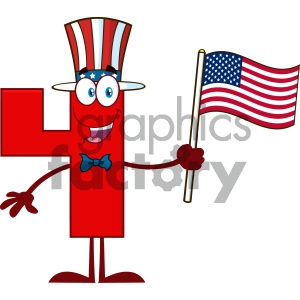 Patriotic Red Number Four Cartoon Mascot Character Wearing A USA Hat And Waving An American Flag