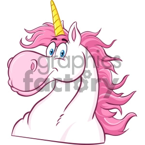 The clipart image contains a stylized cartoon representation of a unicorn, which is a mythical animal often depicted with a single, long horn protruding from its forehead. This particular illustration features a unicorn with a prominent, spiraled horn, a cheerful expression, and a flowing mane in shades of pink, which adds to the fantasy feel of the character.