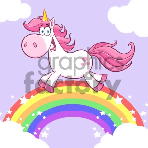 The clipart image displays a cartoon unicorn with a pink mane and tail running on a colorful rainbow in a fantasy setting. There are clouds and stars depicted around the rainbow and the background is a soft purple. The unicorn features hearts on its body and has a yellow horn.