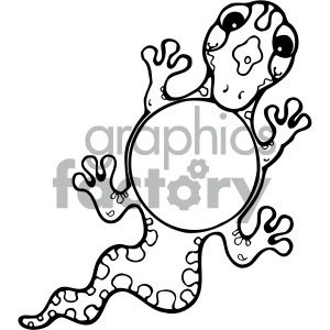 This is a black and white clipart image featuring a cartoon gecko. The gecko has a rounded body with a large circular space in the middle, presumably for textual or visual content. It has a pattern that includes spots and patches on the body and tail. The lizard is depicted with exaggerated feet and toes spread out, which is characteristic of geckos who have specialized adhesive pads that enable them to climb smooth surfaces.