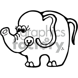 The image is a black and white line drawing of a cartoon elephant. It features a playful and simplified rendition of an elephant with exaggerated features such as large eyes, a long trunk, and a big, rounded body.