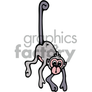 Clipart image of a cartoon monkey hanging by its tail.