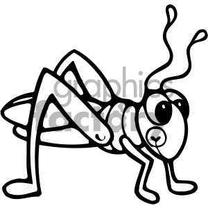 A black and white clipart image of a grasshopper with an exaggerated head, eyes, and antennae.