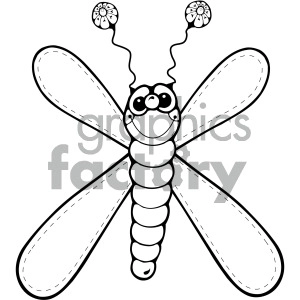A black and white clipart image of a smiling dragonfly with large wings and antennae ending in flowery shapes.