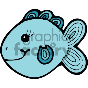The clipart image depicts a stylized cartoon fish. The fish is primarily blue in color with black outlines. It features a playful design with a simple smiling face and eye with eyelashes. The fish's body has some lighter blue patterns and swirls which could represent scales or water-like designs, giving it a dynamic appearance.