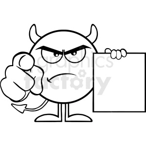 Black And White Angry Devil Cartoon Emoji Character Pointing With Finger And Holding A Blank Sing Vector Illustration Isolated On White Background