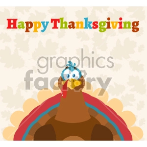 Thanksgiving Text Over A Turkey Bird Cartoon Mascot Character Vector Illustration Flat Design Over Background With Autumn Leaves And Text Happy Thanksgiving_1