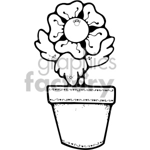 A black and white clipart image of a flower in a decorative pot. The flower has large petals and a face in the center, giving it a cartoonish appearance. The pot has intricate decorative patterns featuring hearts and swirls.