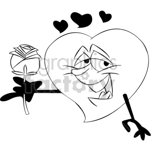 black and white cartoon heart holding a rose