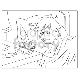 In the clipart image, there is a boy who appears to be waking up in his bed, looking tired and a bit grumpy. There is an alarm coming from his mobile phone, indicated by the lightning bolt symbols, suggesting that the phone's alarm is ringing. The boy has messy hair and a sleepy expression. There's a candy wrapper on the bedside table, and the boy is covered with a blanket.