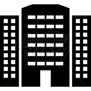 A black and white clipart image featuring three high-rise buildings, with two smaller buildings on each side of a larger building in the center.