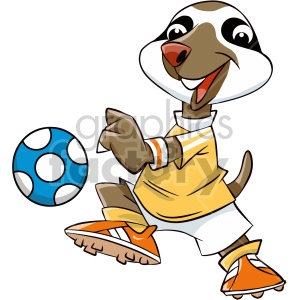 The clipart image shows an anthropomorphic sloth character dressed in a sports uniform playing soccer. The sloth is wearing a yellow and white jersey with stripes on the sleeves, white shorts, and orange cleats. It appears to be in motion, perhaps kicking or chasing a blue-and-white soccer ball.