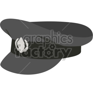 A clipart image of a black and gray police officer cap with a badge on the front.
