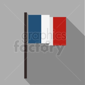 The image is a simplified or stylized representation of the flag of France, depicted on a flagpole. The flag consists of three vertical bands of blue, white, and red. The background is a neutral grey with a light source creating a shadow of the flag to the right.