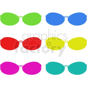 A colorful clipart image featuring six pairs of sunglasses in different colors: green, blue, red, yellow, pink, and turquoise, arranged in two rows of three against a white background.