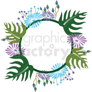 A colorful floral wreath with green leaves, blue flowers, and purple blossoms forming a circular frame.