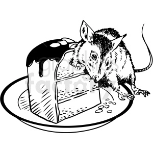 A black and white clipart image of a rat eating a slice of cake on a plate. The cake has icing on top and crumbs around it.
