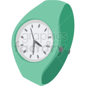 A digital clipart image of a green wristwatch showing time with hour, minute, and second hands.