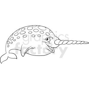 Black and white clipart image of a narwhal with a long twisted tusk and circular spots on its body.
