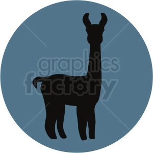 The image is a silhouette clipart of a llama. It is a simple graphic with a solid dark silhouette in the foreground and a lighter blue circular background.