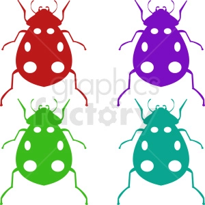 Clipart image featuring four colorful beetles in red, purple, green, and teal variants.