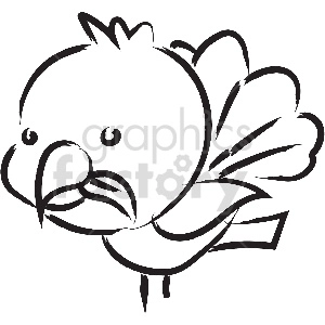 A black and white clipart image of a bird with a prominent beak and feathered tail.