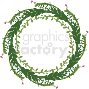 A circular wreath made of green leafy branches with small red flowers interspersed throughout.