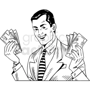 The clipart image shows a vintage black and white illustration of a well-dressed man holding money. The man is depicted as wealthy, possibly a salesman or lawyer, and represents the concept of financial success or prosperity. The image has a retro feel to it and can be interpreted as portraying the societal ideal of a successful man from that era.
