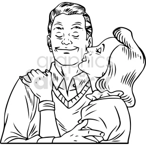 The clipart image shows a vintage black and white illustration of a husband and wife standing together, facing each other. They are both dressed in traditional clothing from an earlier time period. The image may represent a happy or contented family unit.
