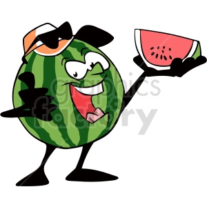 The clipart image shows a cartoon depiction of a watermelon. The watermelon has a green outer rind with darker green stripes, and a pink/red juicy interior with black seeds scattered throughout. The watermelon is in a excited, smiling pose and appears to have a happy expression.
