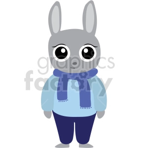 The clipart image depicts a cute grey cartoon bunny rabbit wearing a light blue sweater and a dark blue scarf. The bunny has large expressive eyes, long ears, and is standing upright like a human.